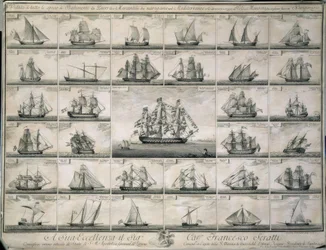 Gravure van de oorlogsschepen en koopvaardijschepen die in de Middellandse Zee voeren
