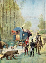 Gendarmes brengen volkstellingsformulieren naar een kampement van rondtrekkende zigeuners in hun caravan, 1895