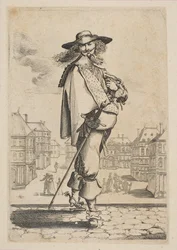 Heer met een zwaard voor enkele gebouwen