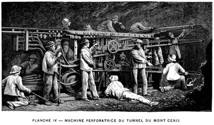 Germain Sommeillers persluchtboor gebruikt bij de uitgraving van de Mont Cenis-tunnel