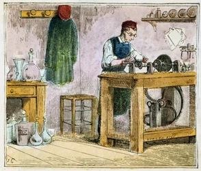 Glasbewerker die tafelgerei decoreert op een carborundum wiel, 1867
