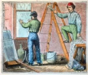 Glazenmaker en behanger aan het werk in een huis, 1867