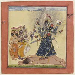 Godin Bhadrakali aanbeden door de goden uit een tantrische Devi-serie, ca. 1660