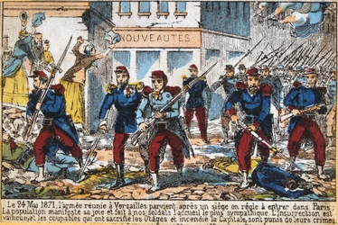 Regeringssoldaten die Parijs binnentrekken om de Commune te onderdrukken, 24 mei 1871