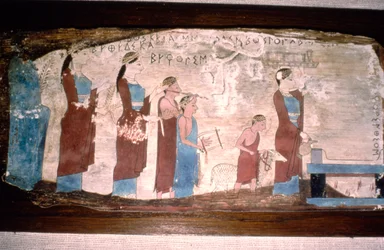 Griekse muzikanten bij een offer, geschilderd op hout, ca. 520 v.Chr.-ca. 500 v.Chr.