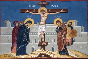 Grieks-orthodox christendom; schilderij; Jezus Christus aan het kruis; Moni Ipsilou-klooster; Lesbos-eiland; Egeïsche Zee; Griekenland; Europa