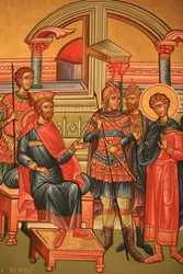 Grieks-orthodoxe icoon die een martelaar met een Romeinse gouverneur afbeeldt, Thessaloniki, Griekenland