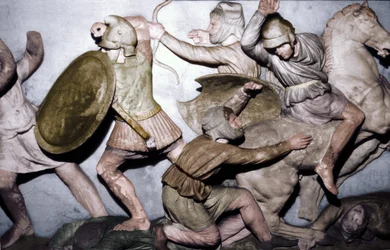 Grieken vechten tegen Perzen, de Alexander Sarcofaag, Sidon, 4e eeuw v.Chr., 20e eeuw