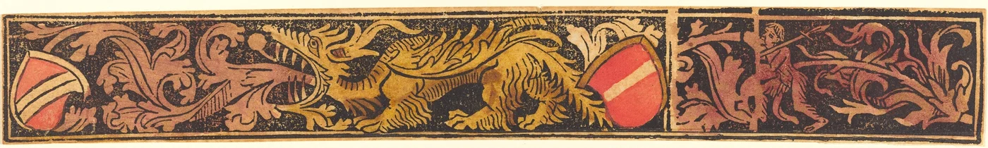 Grote strook met draak, schilden en wilde mannen, ca. 1475-1500
