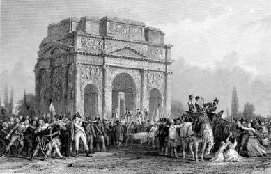 Guillotine opgesteld onder de Boog van Marius in Orange, Frankrijk, Franse Revolutie, 1793-1794