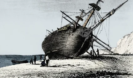 HMS Beagle aan wal gelegd, Rio Santa Cruz, Patagonië, Zuid-Amerika