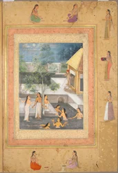 Harem Nacht-Badscène (recto: Kalligrafie omgeven door een decoratieve rand)