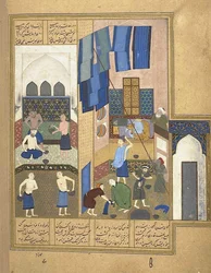 Harun al-Rashid en de binnenkant van een hammam uit een manuscript van de Khamsa van Nizami, ca. 1495