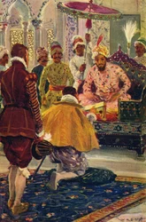 Hawkins presenteert de brief van koning James aan de Grote Mogol