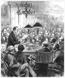 Heinrich Schliemann geeft een lezing in Londen