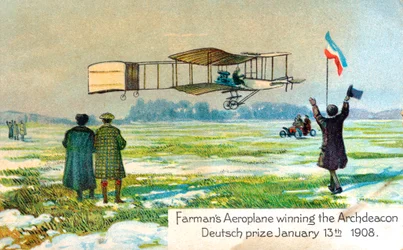 Henri Farman, Franse vliegenier, wint prijs voor eerste cirkelvormige kilometer vlucht, Parijs, jan 1908