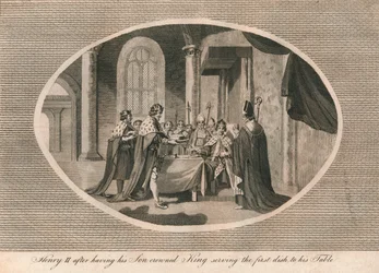 Hendrik II, nadat hij zijn zoon tot koning had gekroond, serveert het eerste gerecht aan zijn tafel, 1170, 1793