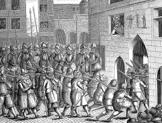 Hendrik IV van Frankrijk kijkt naar het vertrek van de Spanjaarden uit Parijs, 22 maart 1594