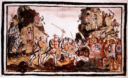 Hernando Cortes Cortez 1485-1547, Spaanse conquistador, die inboorlingen in Mexico aanvalt