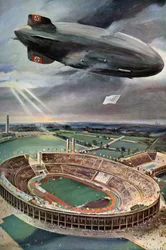 Hindenburg-zeppelin boven het Olympisch Stadion, Berlijn, 1936
