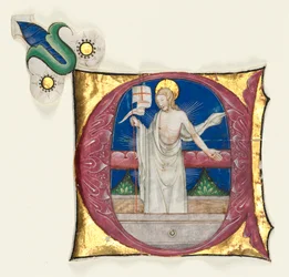 Geïllustreerde initiaal E uitgesneden uit een antifonarium: Verrezen Christus in het graf, ca. 1420-1450