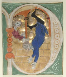 Geïllustreerde initiaal P uitgesneden uit een Bijbel, 1200s