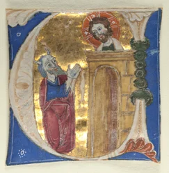 Geïllustreerde initiaal U uitgesneden uit een bijbel, 1200s