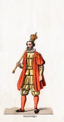 Houder van een scepter, kostuumontwerp voor Shakespeares toneelstuk, Henry VIII, 19e eeuw