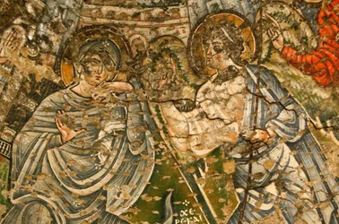Koptisch klooster van de Heilige Maagd en Sint Jan Kame: 9e-eeuwse fresco: De Aankondiging