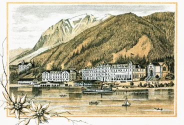 Hotel Scholastika langs het Achensee-meer Achen Tirol Oostenrijk rond 1900