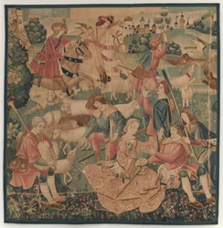 Jacht- en pastorale scènes, met een omkranste held tussen dames, c. 1510