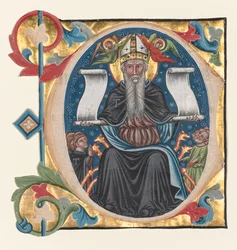 Initiaal C uitgesneden uit een koorboek: Sint Antonius met Antonieten monniken, ca. 1400-1440