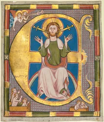 Initiaal E uit een gemeentewetboek: Het Laatste Oordeel, c. 1330
