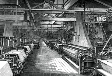 Interieur van de weefschuur, St Leonards fabriek, Dunfermline