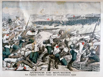 Japanse troepen vallen Russische loopgraven aan, Mukden, Mantsjoerije, oktober 1904