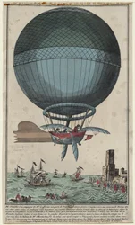 Jean Pierre Blanchard en John Jefferies arriveren in Calais na het oversteken van het Engelse Kanaal in een heteluchtballon, 1785