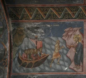 Jezus loopt op water. Christus redt Petrus van verdrinking, 14e eeuw