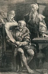 Johannes Gutenberg toont een deel van het eerste gedrukte boek aan Faust, 14e eeuw, ca. 1910