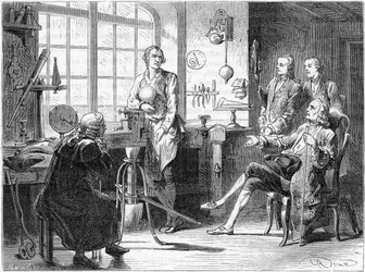 Joseph Black bezoekt James Watt in zijn werkplaats in Glasgow, ca. 1760 ca. 1879