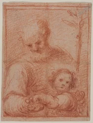 Jozef en kind recto, fragment van twee figuren verso, 16e eeuw