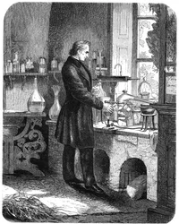 Justus von Liebig, Duitse chemicus, aan het werk in zijn laboratorium, midden 19e eeuw, ca. 1885