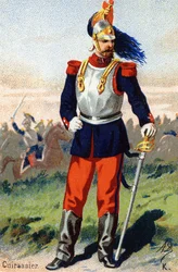 K: Cuirassier. Gravure in "Militair Alfabet". Initialen van de illustrator: A. D. Onbekende uitgever. Chromolithografieën eind 19e eeuw. Dim: 10,5x7cm