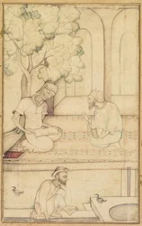 Kabir en twee volgelingen op een terras recto, kalligrafie verso, c. 1610-1620