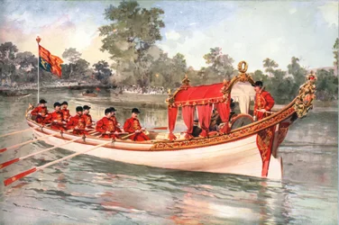 Koning George V en koningin Mary bezoeken Henly Regatta op de staatsboot