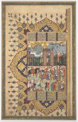 Koning Luhrasp bestijgt de troon: Een processie arriveert aan het hof, ca. 1560s-80s