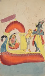 Krishna brengt Radha over de Yamuna-rivier