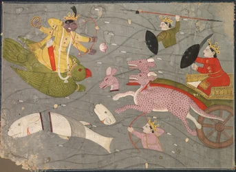 Krishna vecht tegen de zonen van Vanasura: scène uit de Aniruddha Usha-sectie van Krishna Lila, ca. 1840