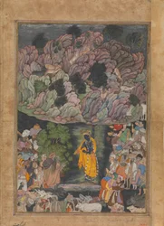 Krishna houdt de berg Govardhan omhoog om de dorpelingen van Braj te beschermen, folio van... (ca. 1590-95)