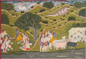 Krishna keert terug met de herders naar Braj, uit een Bhagavata Purana, c. 1830