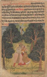 Krishna verleidt Radha: Pagina uit de Verspreide Boston Rasikapriya Lovers Brevier, ca. 1610
